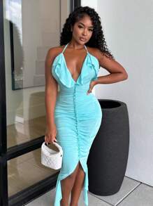 Alexandranx Vestido acanalado de corte ajustado con escote de halter, unicolor de estilo minimalista, apropiado para el verano