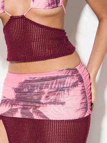 KIZN Festival Beach Resort Palm Print Mesh Crochet Halter Maxi Skirt Set Summer Vacation Holiday Beachwear Party Evening Hawaiian Set