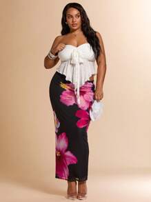 SHEIN BAE Plus Size Women's Spring/Summer Long Floral Print Fitted Mesh Skirt,4th Of July Curve,Airport Outfit Women,Fourth Of July,Birthday Outfits For Women,Club Outfits Women Sexy,Going Out,Festival Outfits For Women,Rave Outfits Festival,Sexy Outfits For Women,Classy Outfits For Women,Graduation,Beach Outfits For Woman,Hawaii Outfits Women,Vacation Outfits Woman,Beach Outfits For Woman Tropical Skirt Floral Skirt Long Floral Skirt Hibiscus Skirt Graphic Skirt