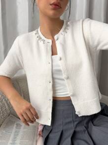 EURMUSE Women's Embellished Button-Up Wool Cardigan – Short-Sleeve Design With Delicate Beaded Neckline Detailing, Ribbed Hem Edges, And Soft Knit Fabric For A Cozy Yet Chic Winter Layer White Cropped Cardigan White Knit Cardigan Rhinestone Cardigan Pearl Button Cardigan,Long Cardigans Woman,Petite Cardigans,Cardigans - Cream - View 8
