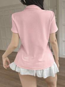 Jouncy 女式夏季骑士刺绣短袖休闲 Polo T 恤 - 粉色 - 查看 2