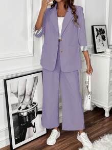 SHEIN Clasi 女士条纹斑驳翻领夹克和裤子休闲套装 - 紫色 - 查看 1