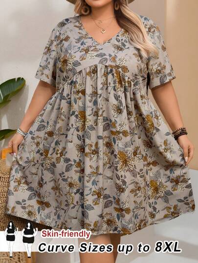 SHEIN CURVE+ Plus Size Floral Allover Print Casual Vacation Dress Summer/Country/Beach Vacation Outfits/Beach Outfits/Beach Wear,Dresses Casual