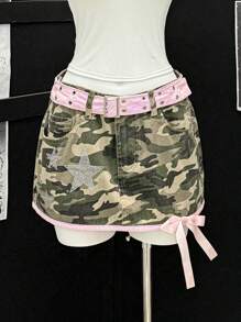 EgrlEra Minifalda de camuflaje de cintura baja con lazo de cristal, estilo sensual para chicas