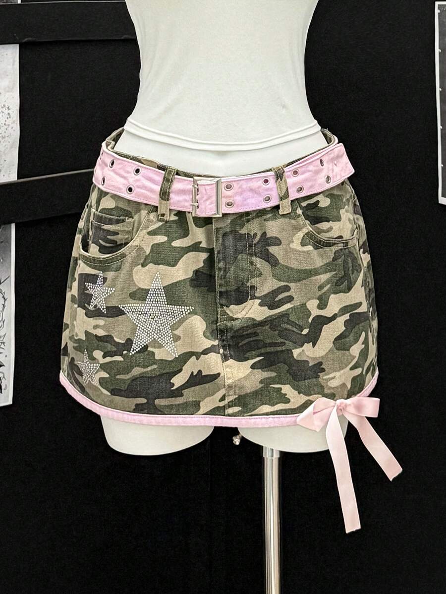 EgrlEra Minifalda de camuflaje de cintura baja con lazo de cristal, estilo sensual para chicas