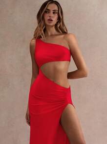 Glamine Váy ôm sát cổ lệch màu đỏ cho nữ, xẻ tà cao, váy xẻ bên hông, váy mùa hè cho nữ, trang phục đi nghỉ cho nữ, váy dự tiệc thanh lịch, váy đỏ - Đỏ - Xem 6