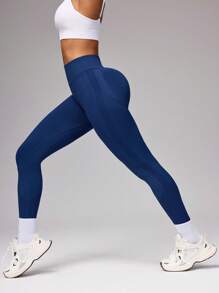 Seamluxe SHEIN Sport 1 Stück Damen Sport Leggings, eng anliegende graublau nahtlose gestrickte hochelastische bequeme Po-hebende Yoga Fitness Outdoor Lässig