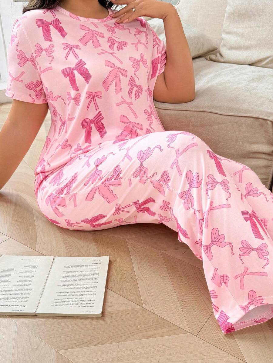 SHEIN Girls Plus Size Butterfly Print Bow Decoration Pajama Set - Multicolor - View 1