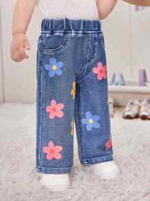 6M-3YRS Baby Girl Blue Floral Print Knit Denim Wide Leg Pants,Summer Casual Vacation Colorful Flower Print,Stretchy Comfortable 2 Back Pockets Jeans - Light Wash - View 5
