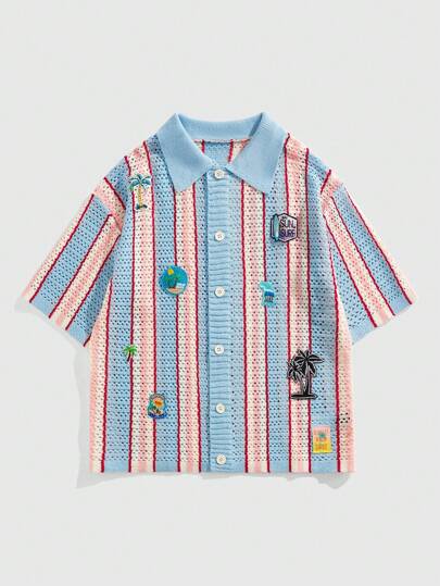 Street Life Chemise en tricot à coupe ample avec patch brodé pour hommes, Top décontracté à manches courtes pour les vacances