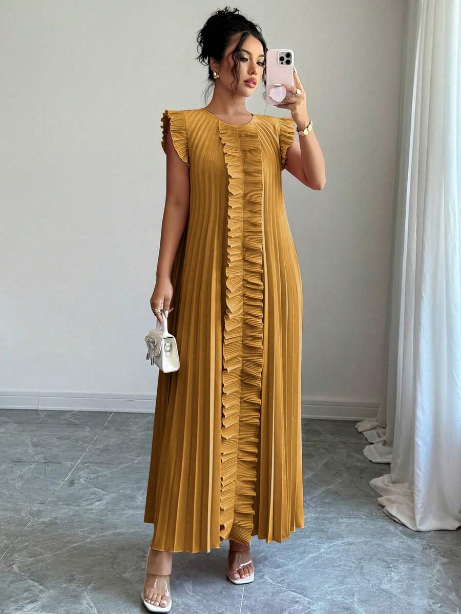 Elenzga 休闲圆领百褶女式连衣裙 - 咖啡棕 - 查看 1