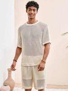 Manfinity VCAY Young Men's Casual Loose Knit Short Sleeve T-Shirt With Mesh Jacquard Set Men Knit Two Pieces Set Men Summer Two Pieces Set Men Co-Ord Set Men 2 Pieces Set Men Mesh Two Pieces Set Men Crochet Two Pieces Set - Beige - View 1