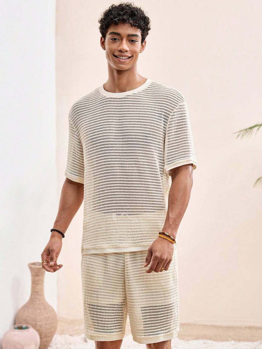 Manfinity VCAY Young Men's Casual Loose Knit Short Sleeve T-Shirt With Mesh Jacquard Set Men Knit Two Pieces Set Men Summer Two Pieces Set Men Co-Ord Set Men 2 Pieces Set Men Mesh Two Pieces Set Men Crochet Two Pieces Set - Beige - View 1