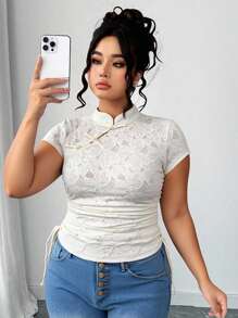 Elenzga New Chinese Style Stand Collar Lace Short Sleeve T-Shirt Women, Cinched Waist Short Retro Button Decor Tops, Summer