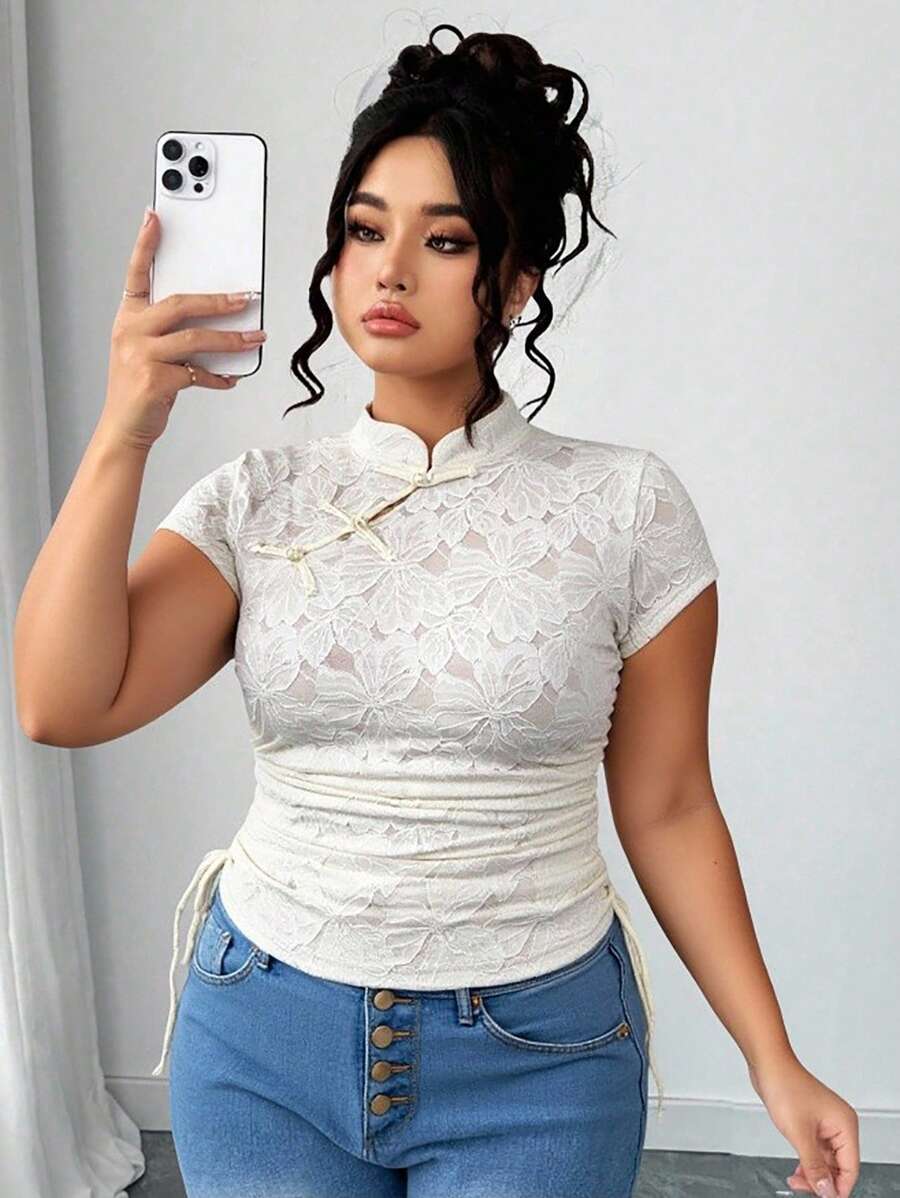 Elenzga New Chinese Style Stand Collar Lace Short Sleeve T-Shirt Women, Cinched Waist Short Retro Button Decor Tops, Summer