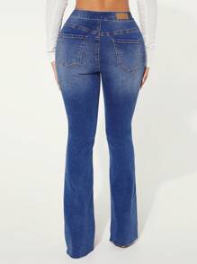 SHEIN SXY Patch Detail Bootcut Leg Jeans - Medium Wash - View 3
