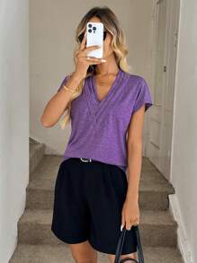 Easowa Solid V Neck Batwing Sleeve Tee - Purple - View 5