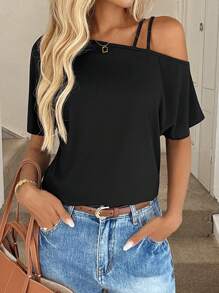 Easowa 女士休闲针织不对称领口双细肩带T恤