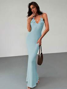 Aloruh Romantic Date Vacation Backless Wrap Tie Tight Knitted Floral Pattern Ladies Dress - Baby Blue - View 4