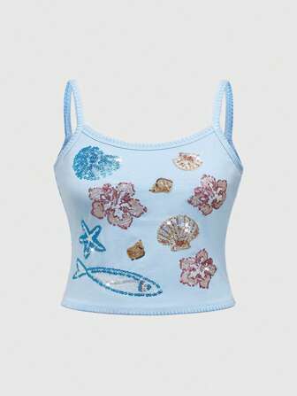 ROMWE Avant Plus Size Women Handmade Hibiscus & Seabeds Beaded Sling Vest, Summer Beach Vacation