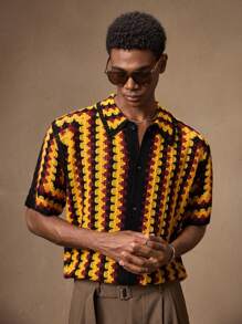 AKNOTIC Men's Yellow & Black Zigzag Knit Cardigan, Fitted Short Sleeve Casual Open Front Fall Sweater, Suitable For Casual, Spring/Summer, Vacation, Party, Couples Matching - Yellow - View 4