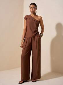 Zivah 2 件 2025 春夏新品系列音乐节、复活节、圣帕特里克节、西部风格、游牧风格、生日派对、毕业季、学校风格、日常穿着、百搭多功能、休闲、度假、邮轮旅行、沙滩装、日光浴、时尚、街头服饰、婚礼嘉宾波西米亚风格、通勤风格、早午餐装、机场时尚亚麻 2 件不对称褶皱上衣和阔腿裤套装 - 棕色 - 查看 3