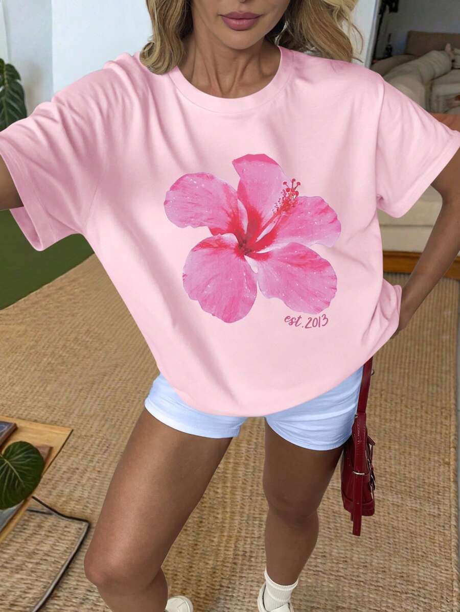 SHEIN EZwear Women's Casual Graphic Tee, Street Style Short Sleeve T-Shirt, Cute Summer Top, Vacation Vibe - Pink - View 1