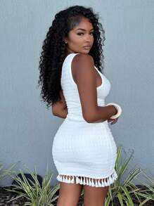 Alexandranx Summer Beach One Shoulder Tassel Trim Bodycon Dress,White Graduation Dress - White - View 1