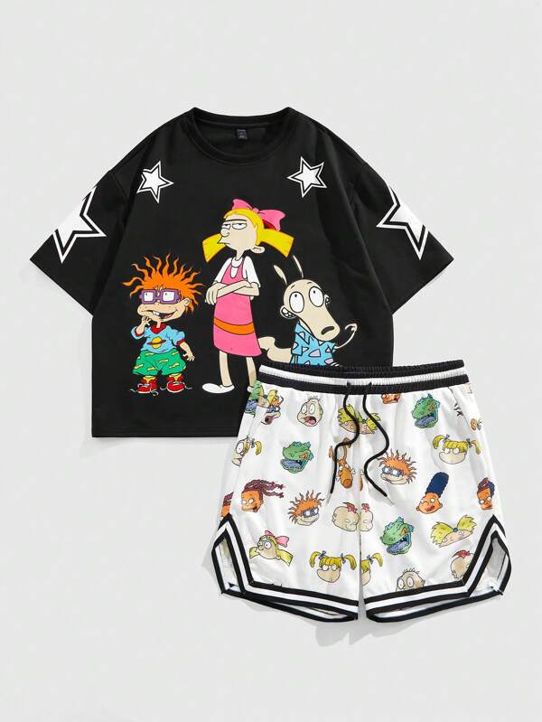 ROMWE MEN Nick 90's X ROMWE Conjunto de camiseta suelta de manga caída con estampado de estrella de dibujos animados y shorts de baloncesto con pretina a rayas y bolsillo parche, estilo casual y urbano para hombre en verano