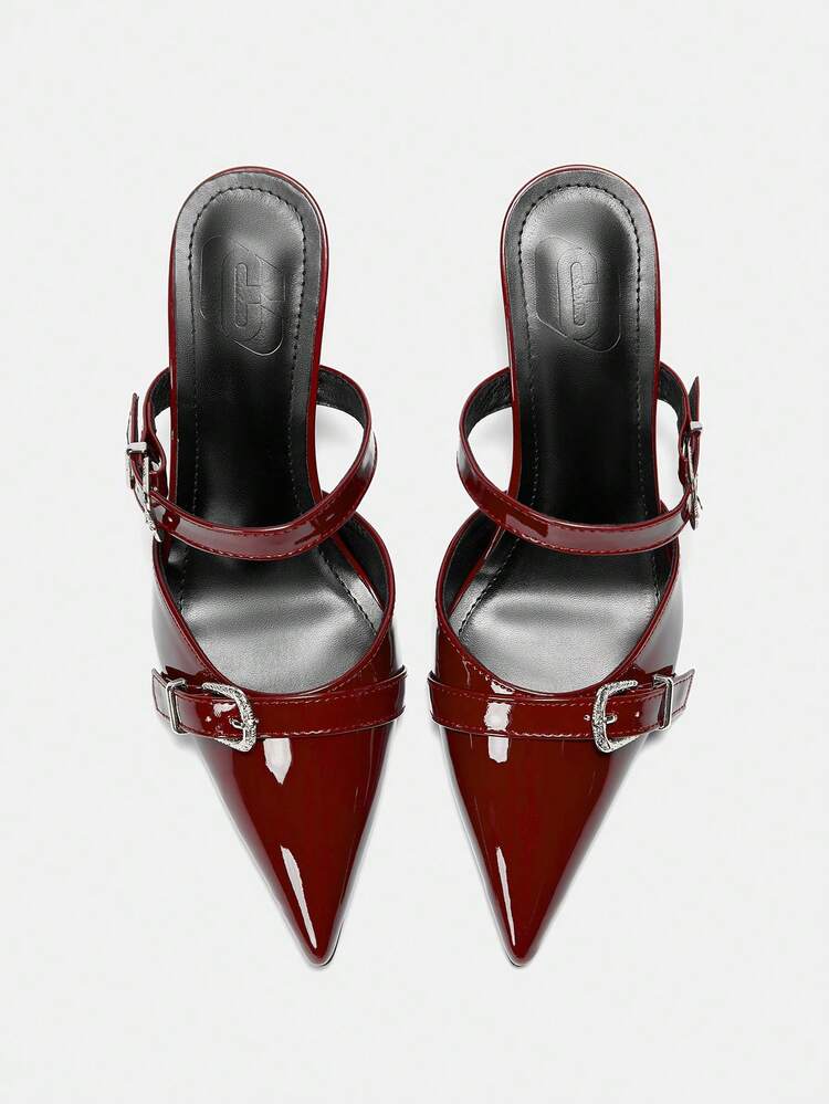 CUCCOO CURVES Plus Size Wide Width High Heel Pointed Toe Shoes 9CM Platform Elegant Sexy Burgundy Strap Buckle Decor, Daily, Work, Vacation, Summer Sandals