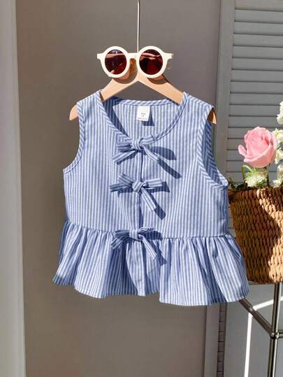 年轻女孩可爱夏季百搭粉色条纹蝴蝶结无袖上衣