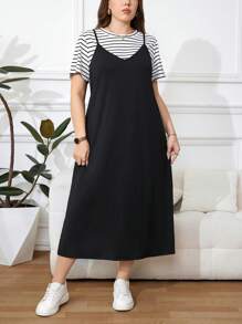 SHEIN LUNE Plus Size Women's Striped Round Neck Short Sleeve T-Shirt And Spaghetti Strap Dress 2 Piece Set, Summer Long Black Casual Dress Black Sundress Women Casual Sundress Fall Women Clothes School Clothes Stockholm Style Country Outfits Women Vintage Clothes Women Teacher Outfits For Women - Black and White - View 5