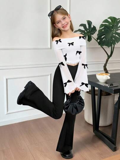 SHEIN Serisse Kids Conjunto de 2 piezas para niña preadolescente con blusa casual de hombros descubiertos con lazo y pantalones acampanados de unicolor