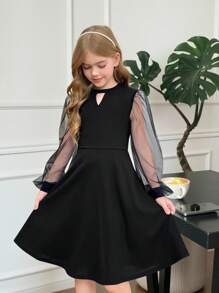 SHEIN Tween Girls Knit & Mesh Contrast Long Sleeve Elegant Bodycon Dress - Black - View 10