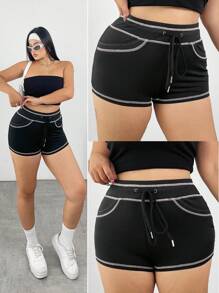 POPSWAY Plus Size Women Comfortable Casual Contrast Color Elastic Biker Shorts, Suitable For Summer - Black - View 1
