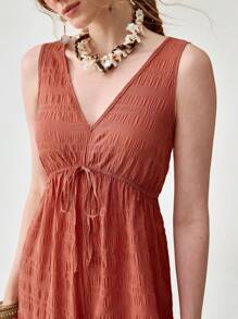 Florisole Women's Deep V-Neck Bohemian Style Drawstring Loose Leg Jumpsuit, Textured Brick Red Color, Spring/Summer - Rust Brown - View 1