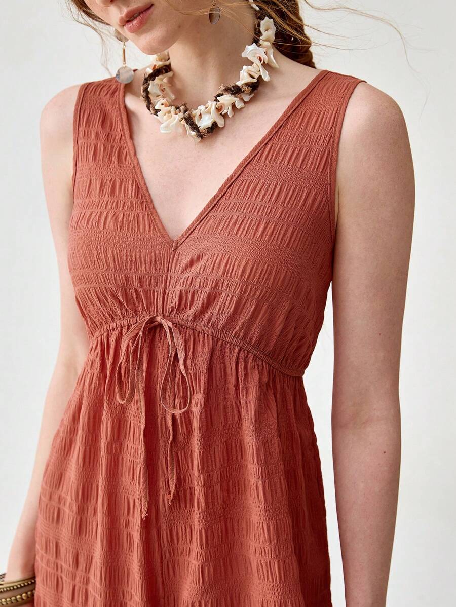 Florisole Women's Deep V-Neck Bohemian Style Drawstring Loose Leg Jumpsuit, Textured Brick Red Color, Spring/Summer - Rust Brown - View 1