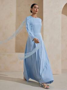 Graceveil Đầm nữ dệt bóng, thêu họa tiết, thiết kế eo. - Màu xanh lam - Xem 7