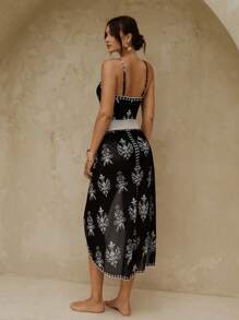 SHEIN Swim 女式连体泳衣，简约绿色花卉印花设计，适合海滩、泳池、休闲派对和度假，春夏季 - 綠色 - 查看 2