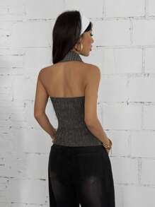 StreetHx 女式街头风格棕色条纹无袖露背衬衫 - 深灰色 - 查看 2