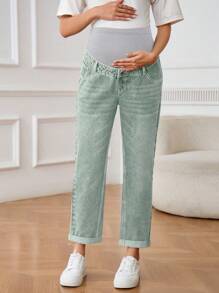 SHEIN Jeans lavados de cintura alta con bloqueo de color, corte relajado, para maternidad - Verde militar - Ver 4