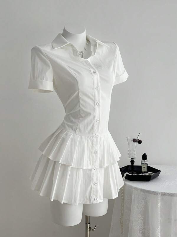 Elamini Summer Vintage Casual Versatile Polo Collar Pleated Dress For Women