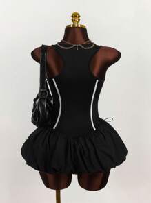 Amplova 大码女式拼色带饰荷叶边下摆迷你连衣裙 - 黑色 - 查看 2