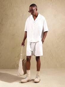 SUMWON Premium Summer Linen Feel Resort Vacation Two-Piece Boxy Short Sleeve Button Down Lounge Set - White - View 1