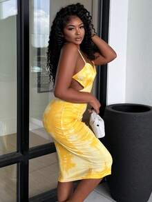 Alexandranx Váy in họa tiết hoa trừu tượng bó sát lưng màu hồng gợi cảm đơn giản dành cho nữ - Màu vàng - Xem 4