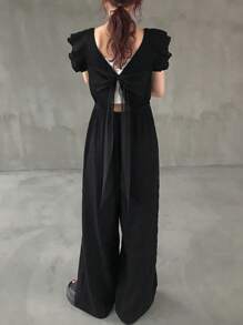 FRIFUL 女士纯色荷叶边短袖宽松阔腿连体裤，休闲短袖夏季露背连体裤，黑色连体裤，黑色透视上衣系带露背连体裤，黑色露背上衣 - 黑色 - 查看 7