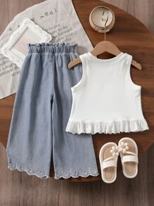 Elladie kids 2pcs/Set Girls Elegant Round Neck Sleeveless Tank Top With 3D Bow Accent + Embroidered Bell Bottom Jeans, Casual Fashion Outfit, Suitable For Holiday, Travel, Party, Birthday Gift, Summer