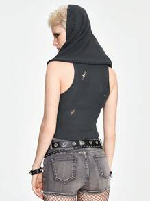 ROMWE Grunge Punk Sudadera con capucha delgada de punto con diseño calado para tallas grandes estilo Y2K