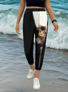 SHEIN LUNE Women's Casual Cat Print Pocket Decor Sweatpants Graduation,Back To School,Graduation,Teacher,Back To School - Black - View 3