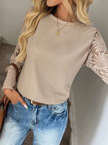 Easowa 卡其色蕾丝袖拼布华夫格花卉女式上衣